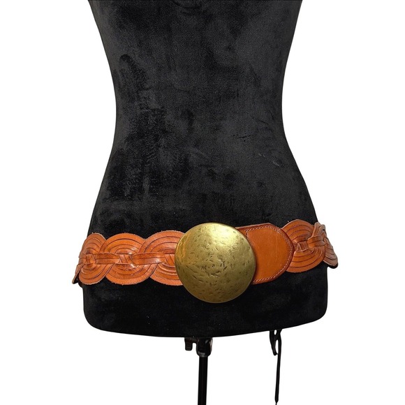 Accessories - Y2K Women's Genuine Leather Belt Thick Buckle Round Bronze Chunky Boho VTG SZ M